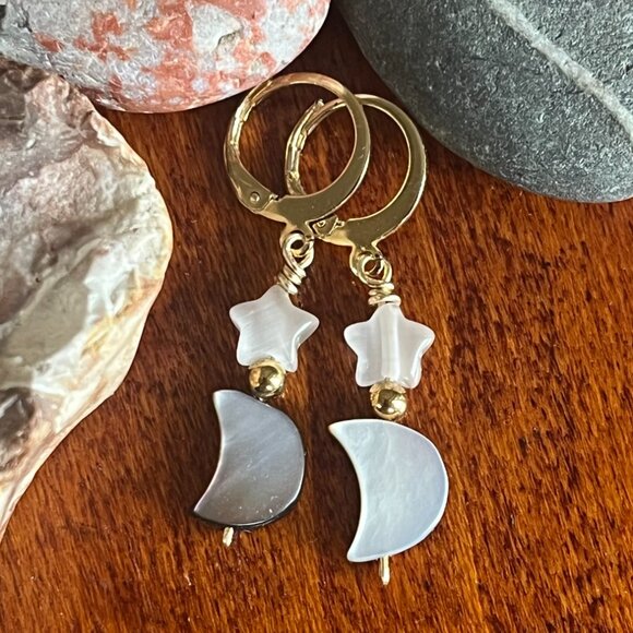Moon and Star Earrings, Mother of Pearl, Celestial - Picture 3 of 5